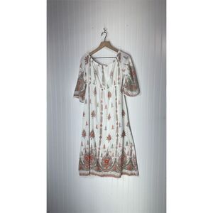Lapogee XL Boho Peasant Mini Dress White Floral Paisley India Festival Cottage